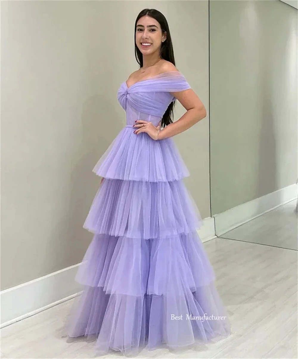 Sansa Customized Lavender A-Line Off the Shoulder Sweet Prom Dress Multilayer Pleats Vestidos De Noche Floor-Length Evening 2025