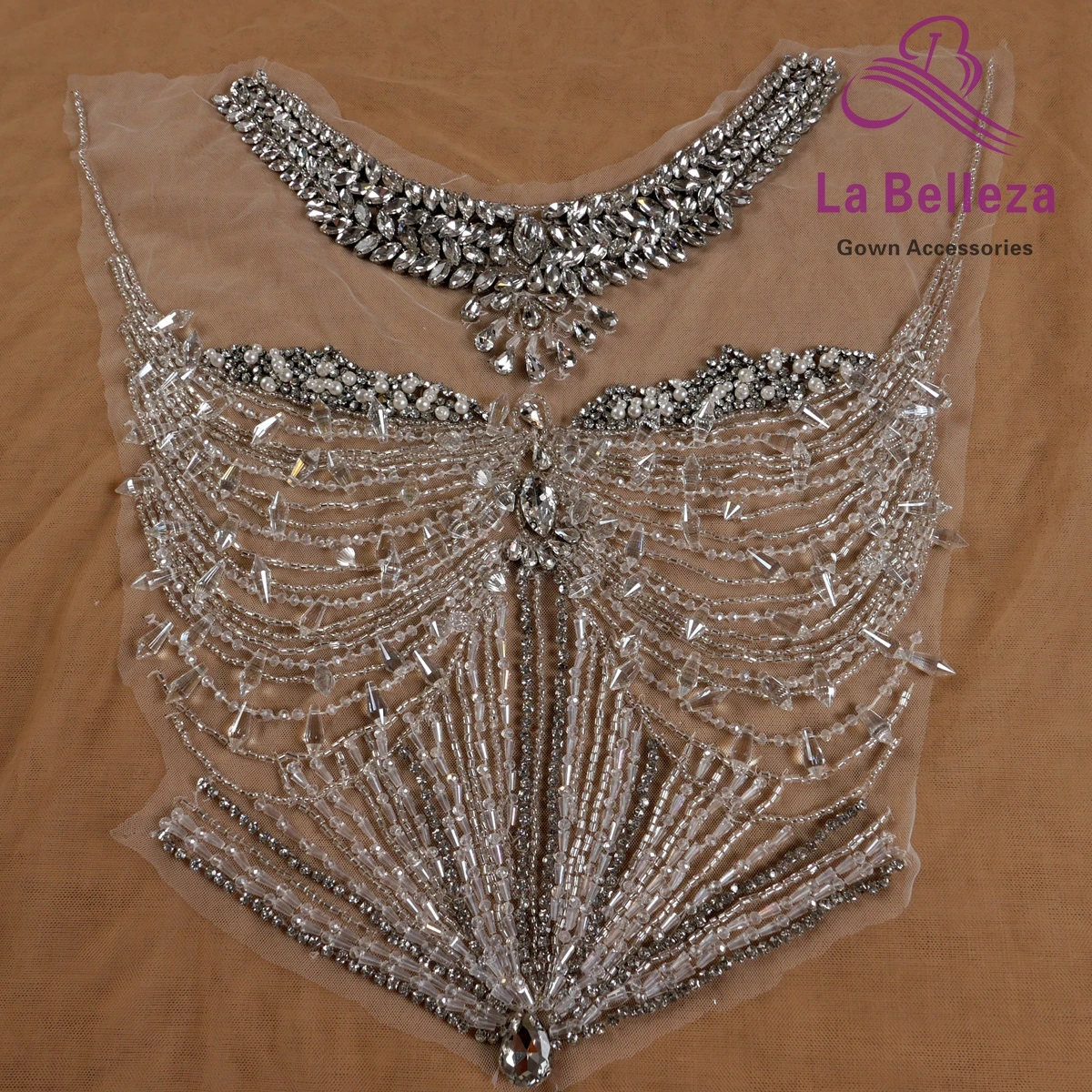 La Belleza beautiful sewon neck bodice applique, gold  silver crystal rhinestone applique Patch for bridal prom dress