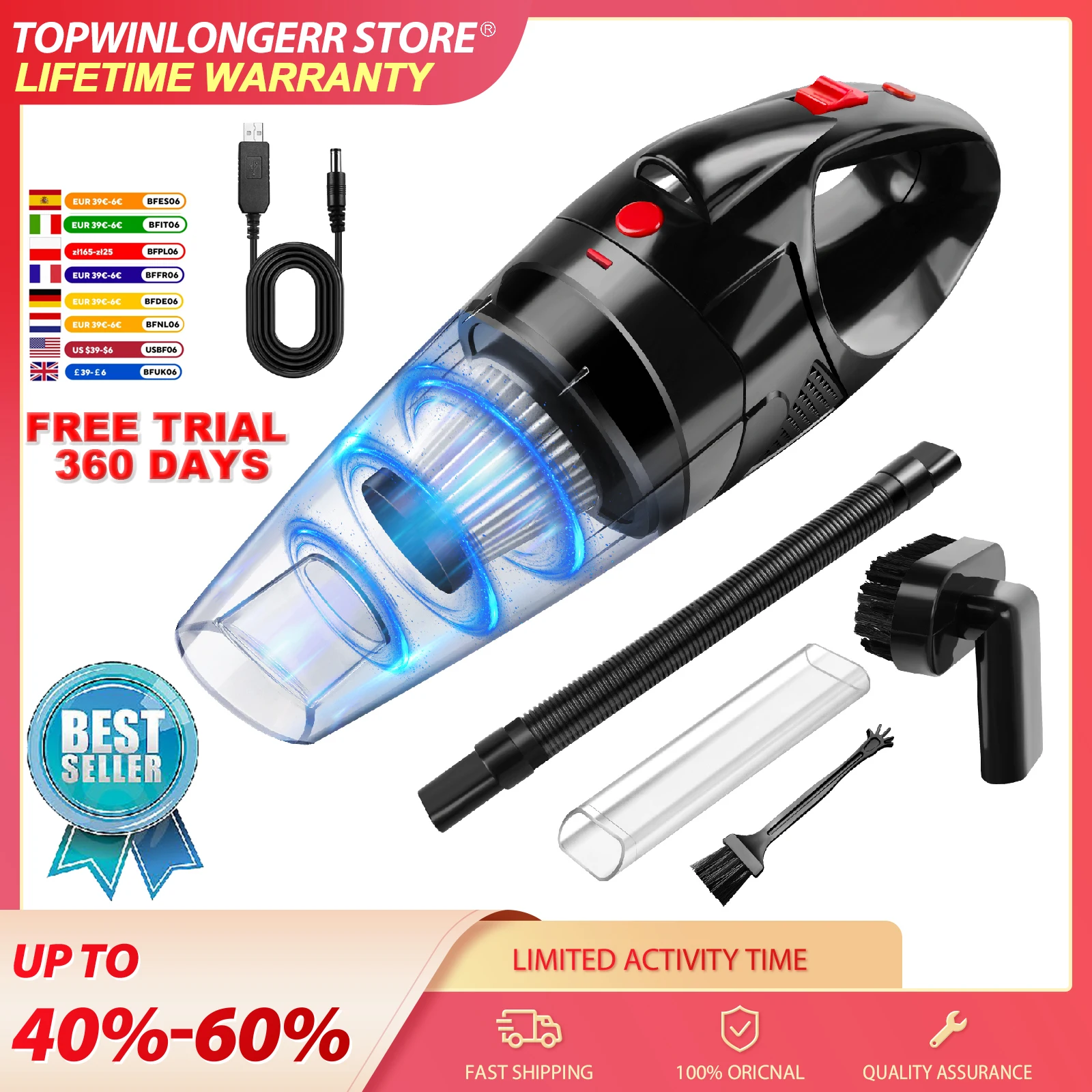 Aspiradora de mano inalámbrica 3 en 1, aspiradora portátil para automóvil, aspiradora recargable de mano ligera y potente para automóvil, sofá, alfombras, cocina, con luz LED