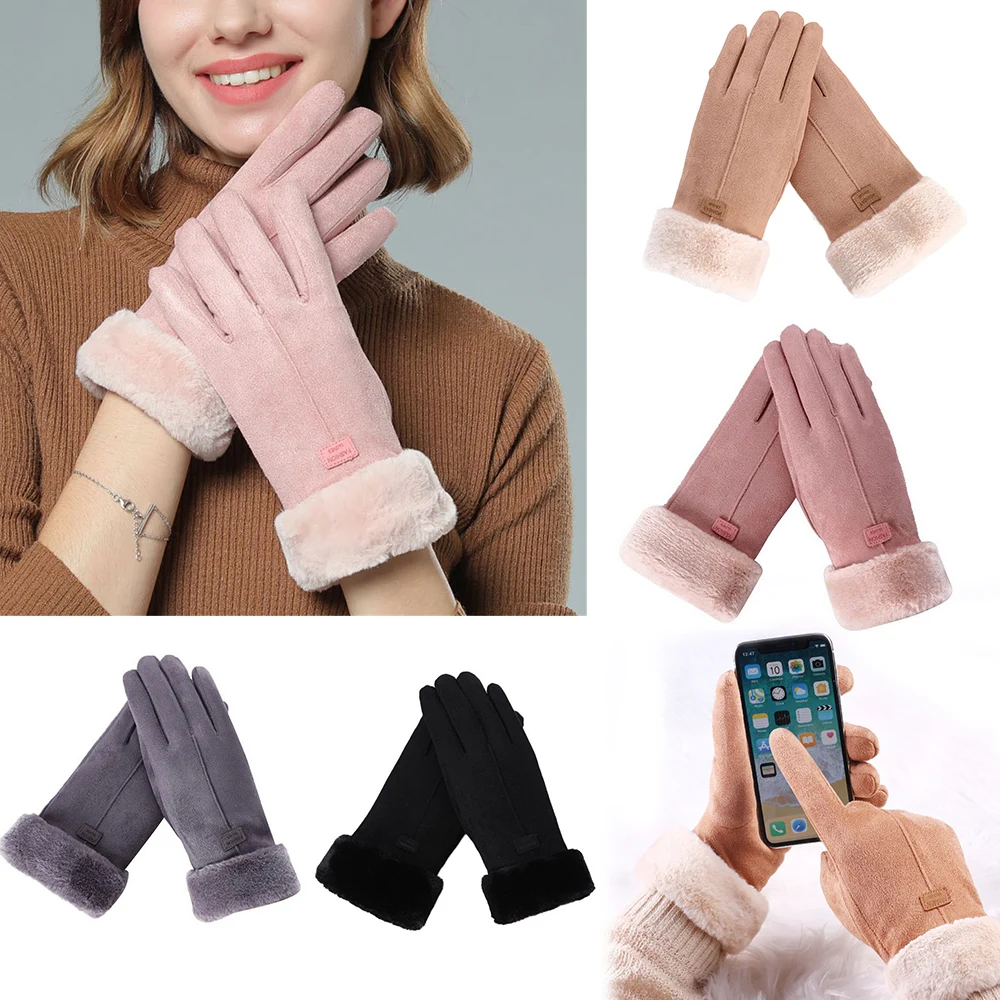 1pair Women Ladies Winter Gloves Touch Screen Fleece Suede Warm Soft Fur Lined Thermal