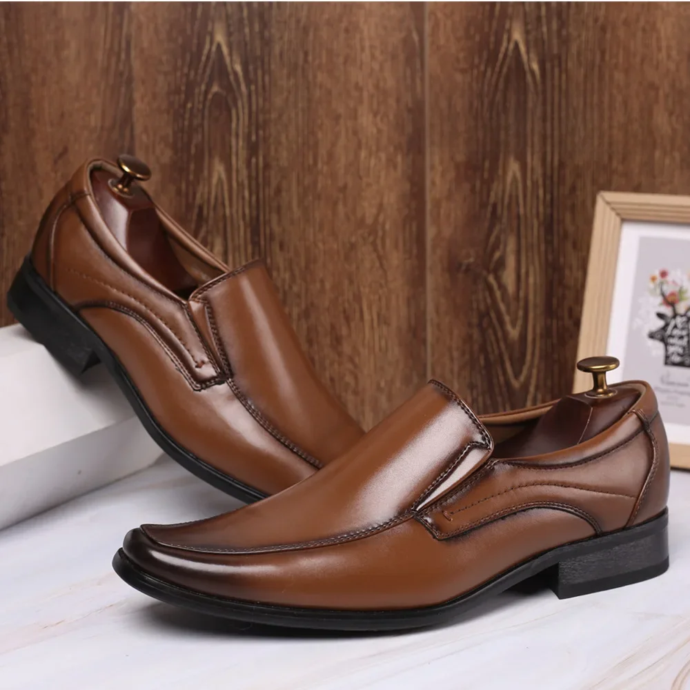 Plus Size Dress Shoes for Men Business Shoes 2025 New Slip on Square Toe Loafers Handmade Polish Leather Casual Sapato Masculino — zdjęcie 2