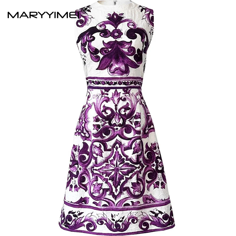 

MARYYIMEI Spring Summer New Slim Women Dress Sleeveless Hight Waist vintage Baroque Print Cotton Dresses