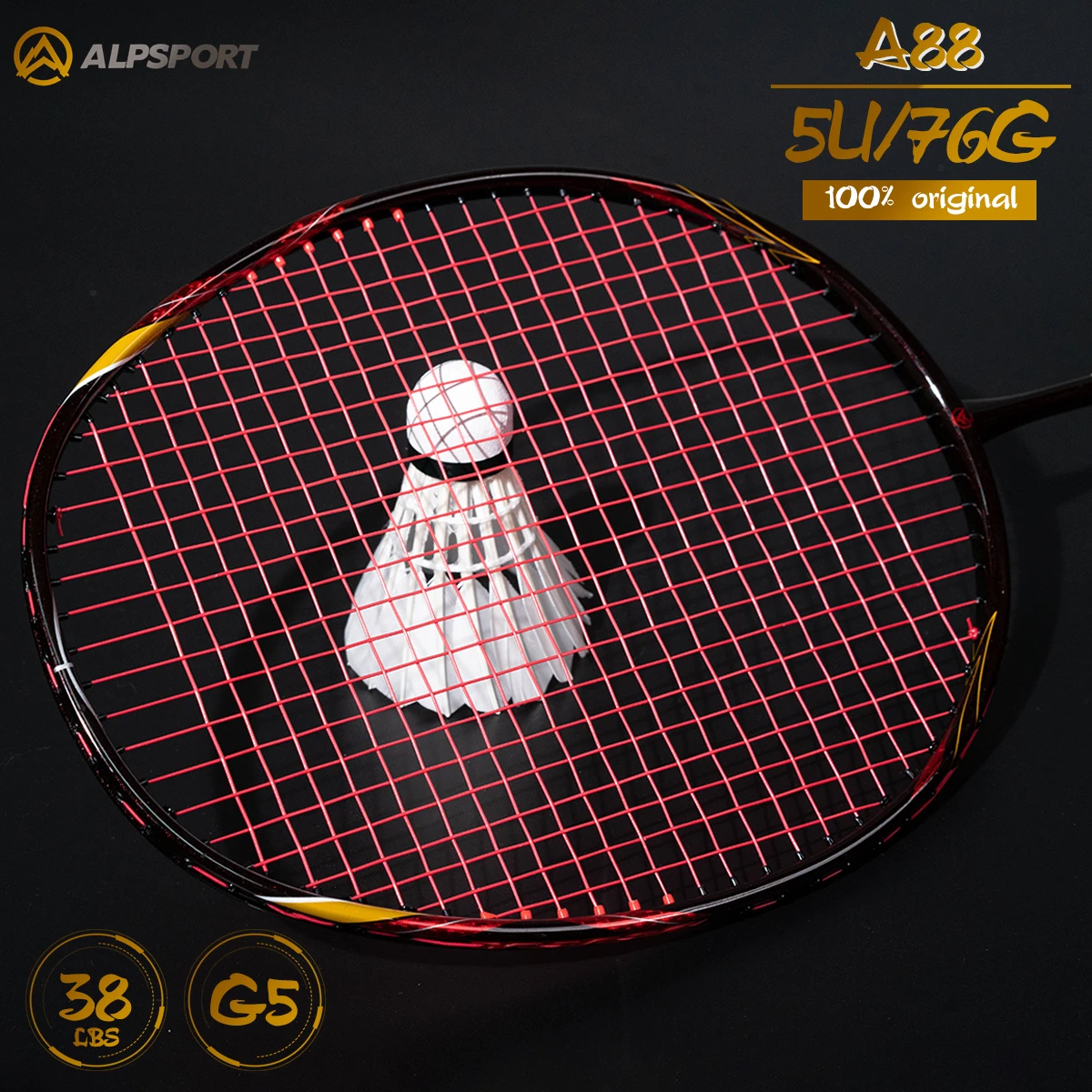 

Alpsport A88 5U/78g/G5 Defense Badminton Racket Max 38 lbs (with racket bag and string) Full Carbon Fiber + Tungsten + Titanium