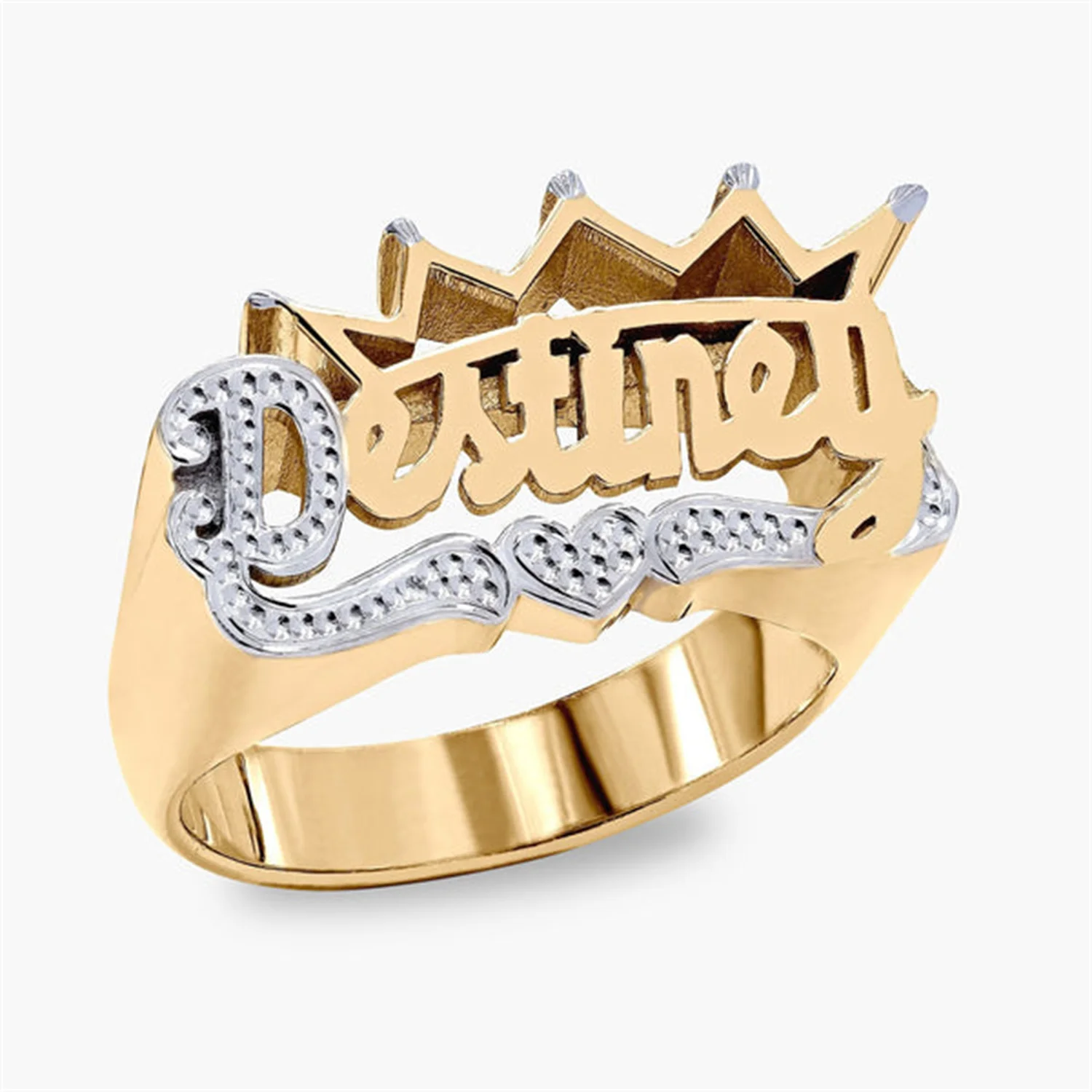 Double Color Iced Crown Name Ring Personalized 18K Gold-Plated Handcrafted Design For Women/Men Ring Best Gift Jewelry