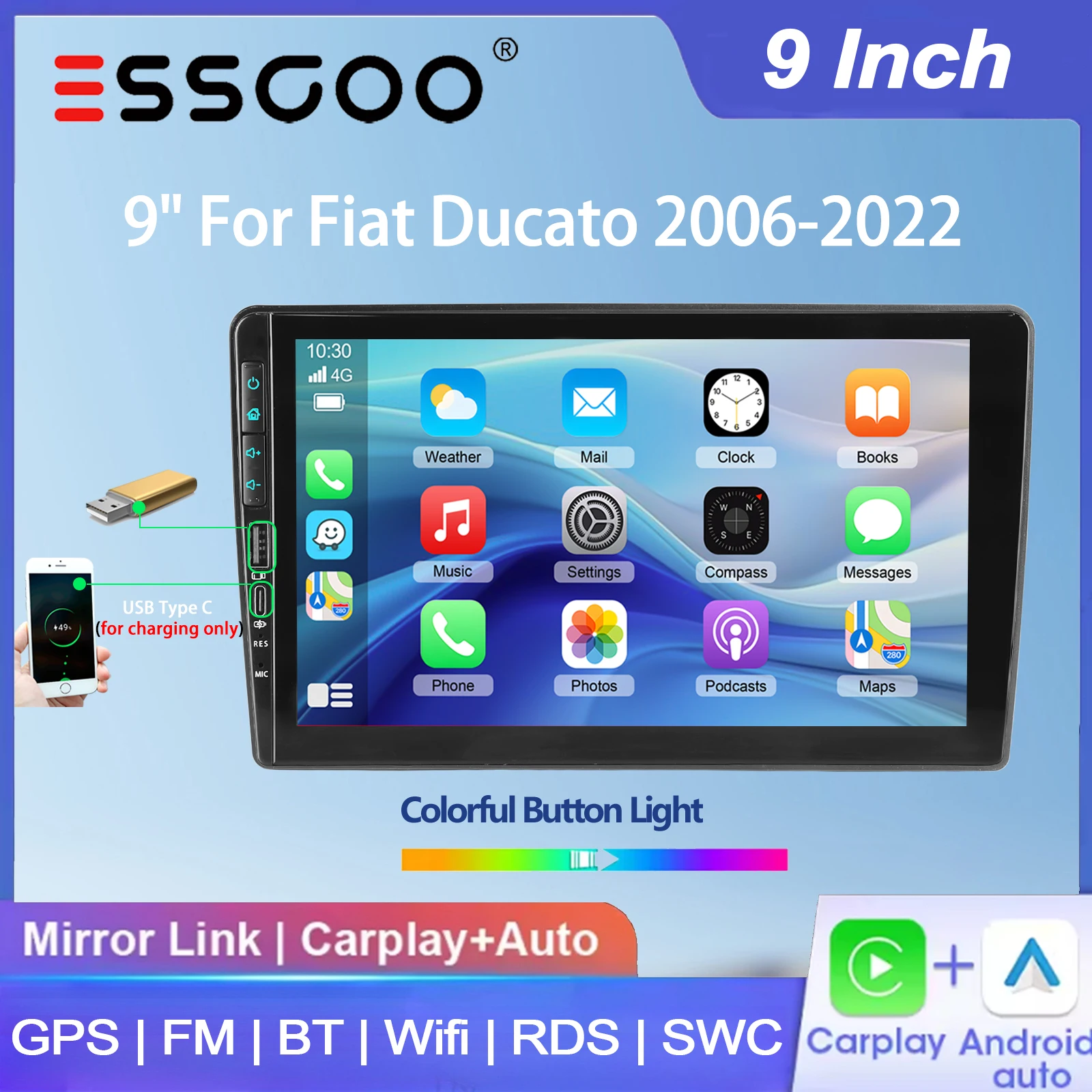 ESSGOO 9" 64G Android 15 per Fiat Ducato 2006-22 Citroen Jumper Peugeot Boxer, autoradio con Carplay wireless, Android Auto, navigazione GPS, radio, USB, Type-C, FM, Bluetooth, WiFi, RDS, ASP, Mirror