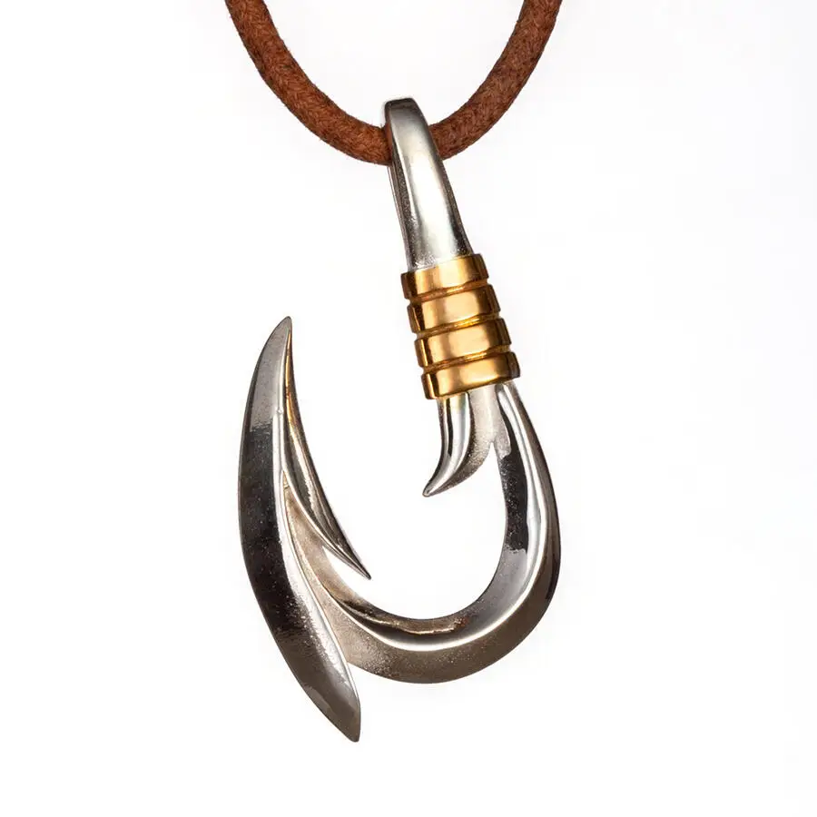 Men's 925 Sterling Silver Hook Necklace with Gold Detail and Leather String