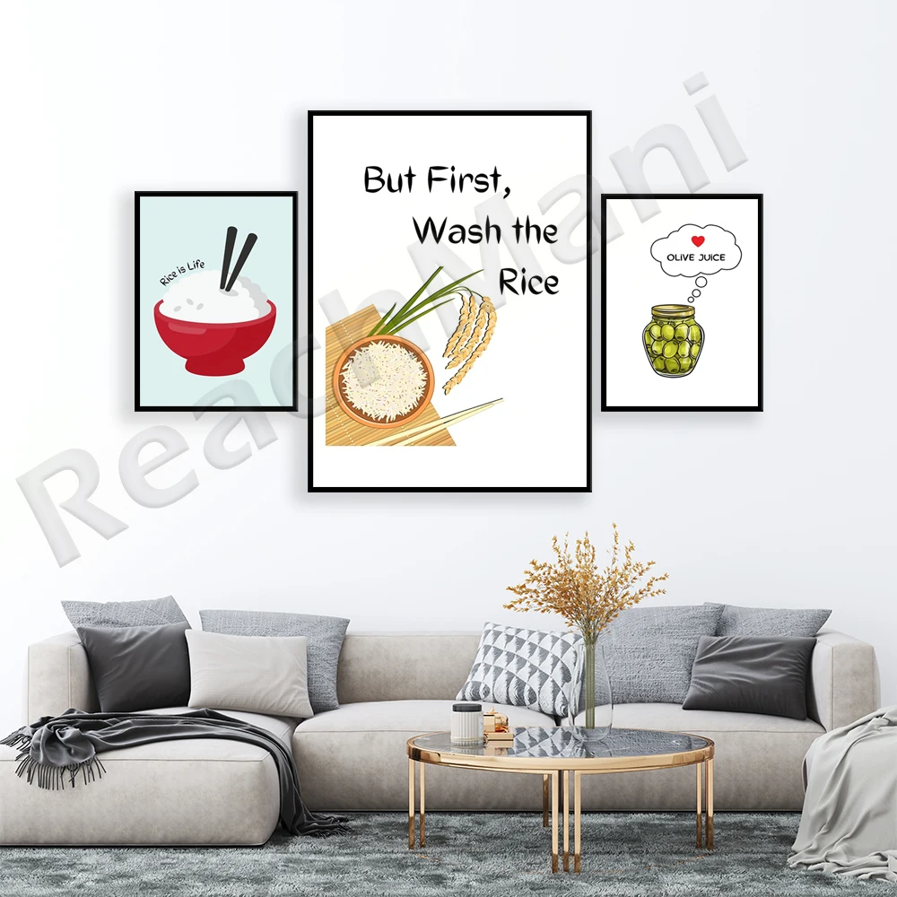 But wash the rice first, rice is life, olive juice, lovely saying olive juice I love you, kitchen poster, asian inspired art,