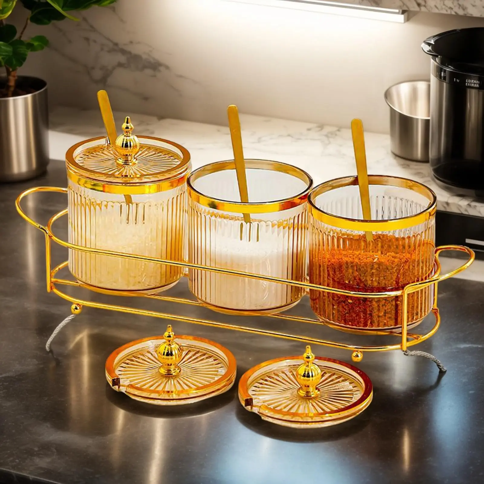 3 Pack Golden Stainless Steel Condiment Jar with Glass Lid and Spoon Dishwasher Safe Wide Opening Multi Purpose Dispenser for Coffee Bar Kitchen Storage