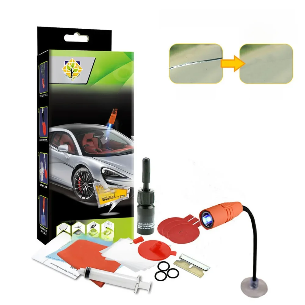 Car Windshield Repair Kit with Curing Lamp Quick Fix Cracked Glass Windscreen Resin Sealer DIY Auto Window Screen Crack Restore
