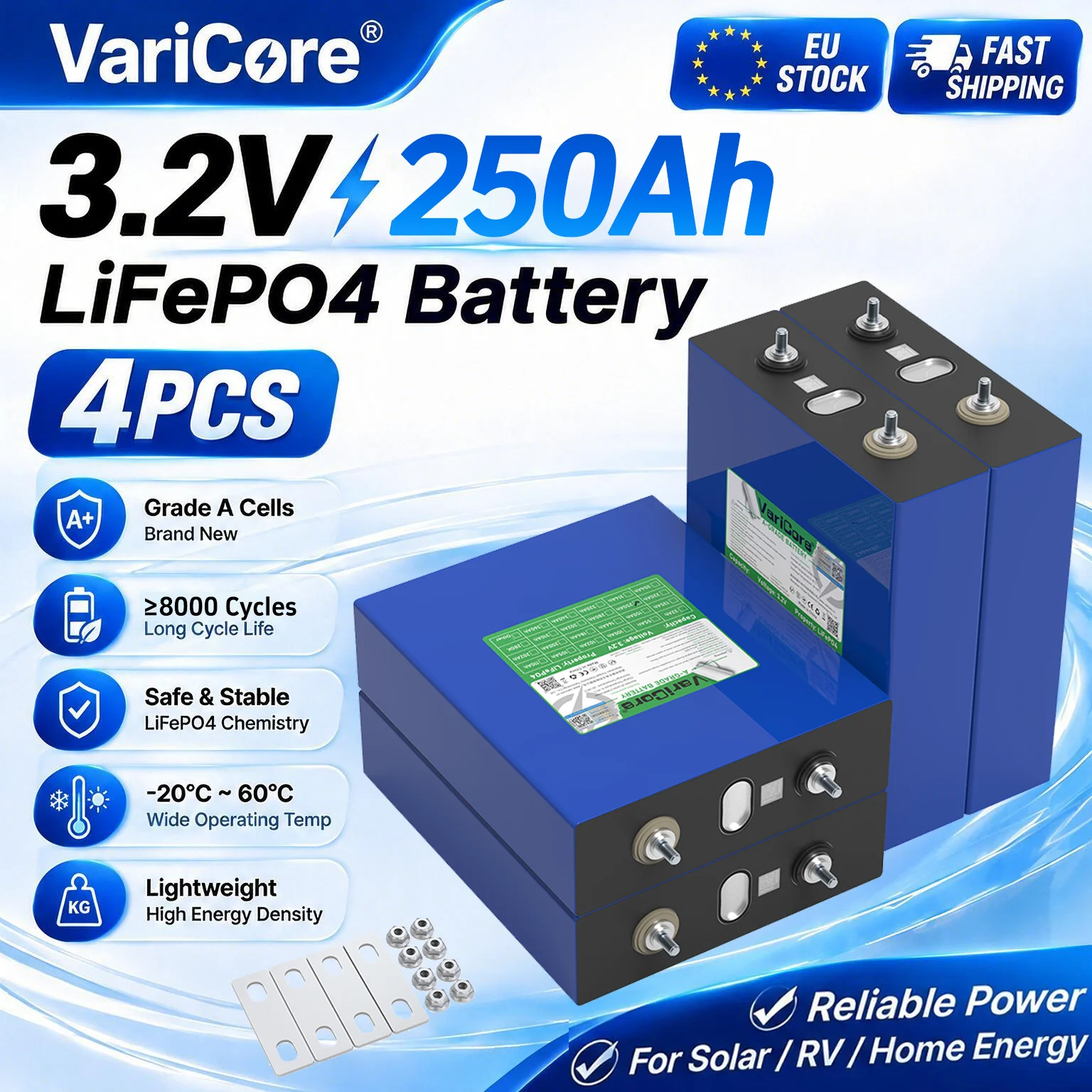 VariCore 3,2V 250Ah Wiederaufladbare LiFePO4 Grade-A Batterie 4 Stück, Lithium-Eisenphosphat-Batterie, DIY, Lange Lebensdauer, Große Kapazität, EU-Zollfreier Großhandel, EU-Lager Schneller Versand
