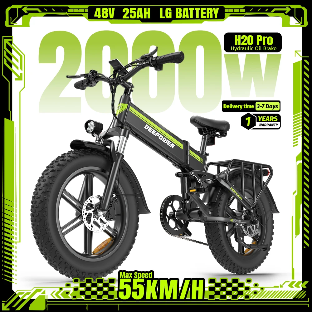 DEEPOWER H20Pro 2000W Electric Bike 48V 25Ah LG Battery Foldable Fat Tire Ebike 55km/h Off-Road Adult E-Bicycle Hydraulic Brake