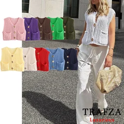 TRAFZA Casual Knitted Women Vest Sweaters Single Buttons Pockets Waistcoats Fashion 2024 Autumn Streetwear Sleeveless Cardigans