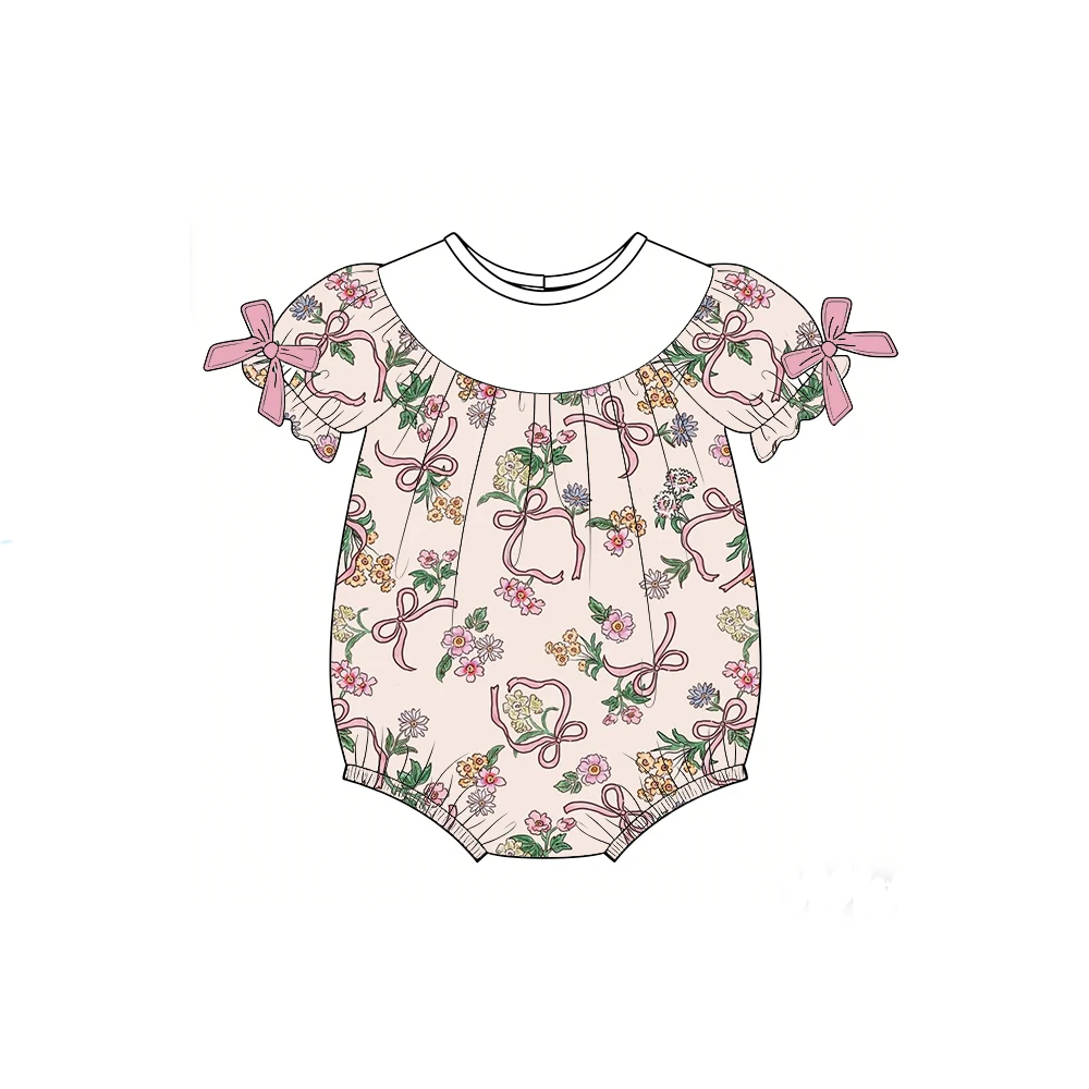

Customizable baby name romper with puff sleeves bow decoration and flower bow print suitable for children to wear wholesale