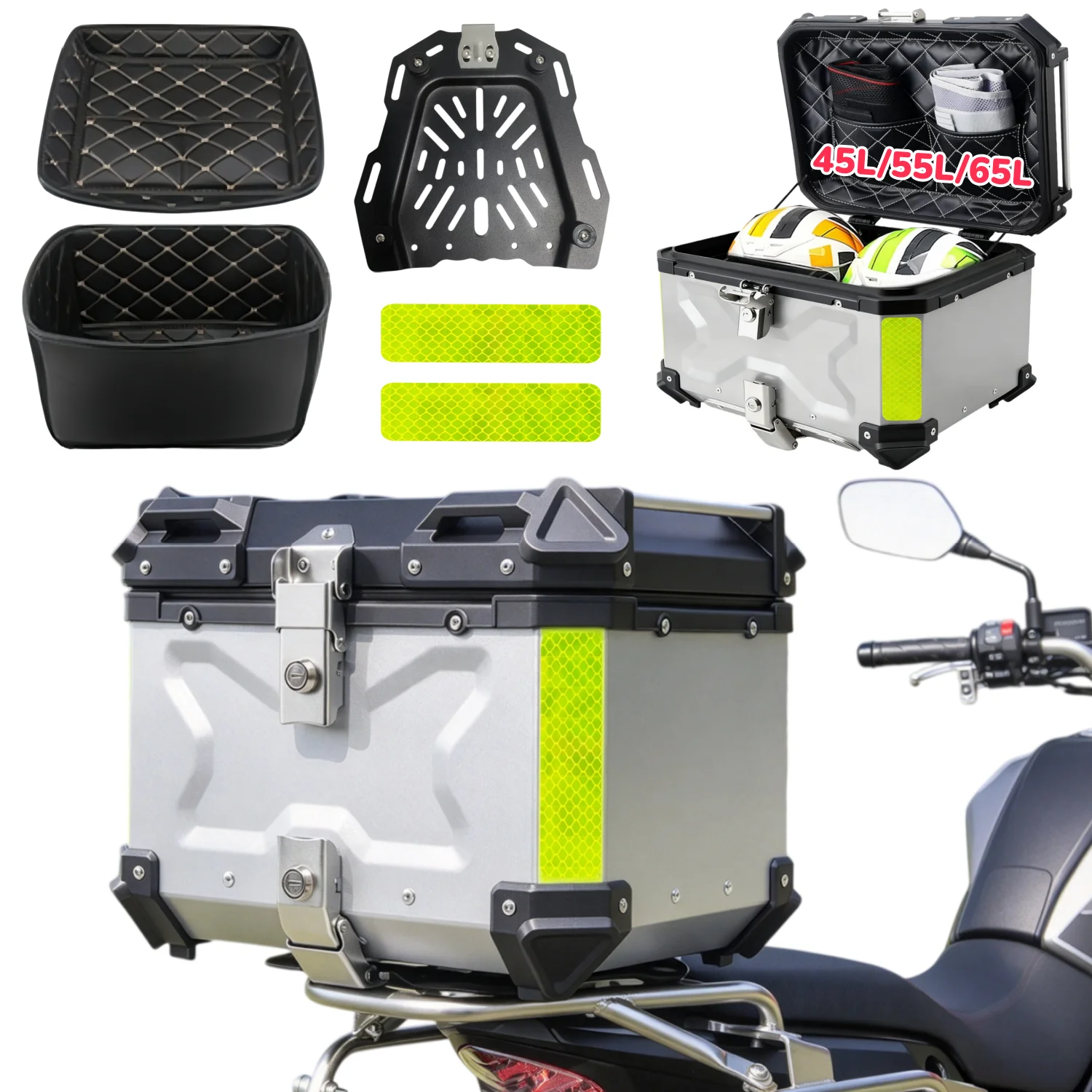 CNC Aluminium-Legierung Motorrad-Topcase Helmkoffer Silberfarben Wasserdichter Motorrad-Kofferraum Schnellverschluss Heckgepäckbox Werkzeugkasten