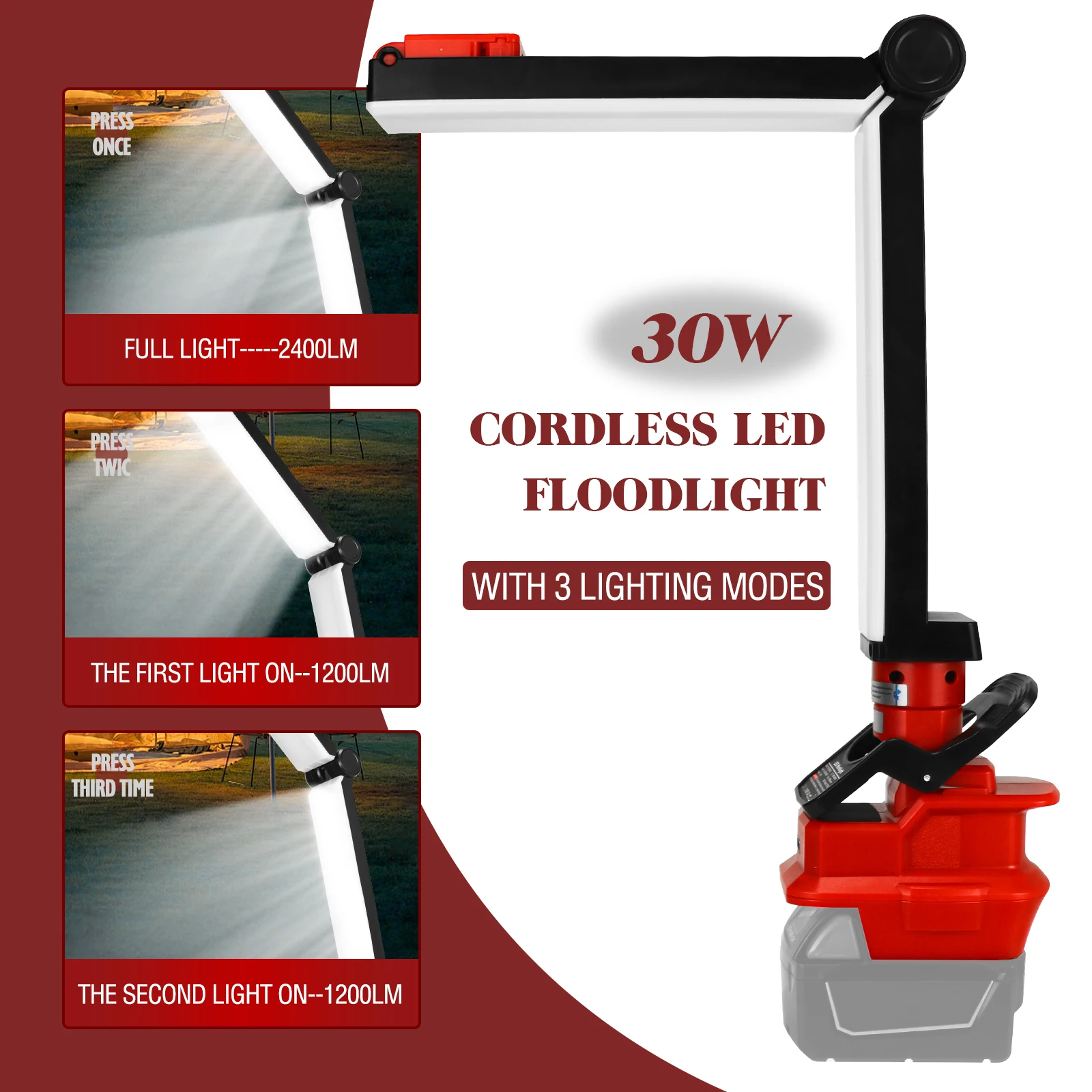 Светодиодный рабочий фонарь 30 Вт, 2400 лм для Milwaukee, аккумулятор 18 В, складной фонарь, уличный фонарик с USB-портом для зарядки (без батареи)