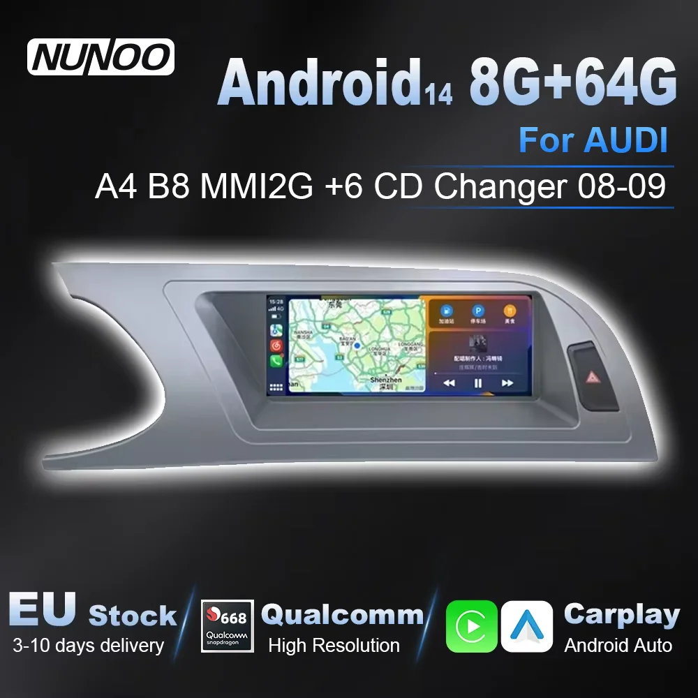Image of Android 14 Wireless Carplay Android Auto für Audi A4 B8 2008 2009 Multimedia-Touchscreen-Radio Intelligente Systeme Navigation
