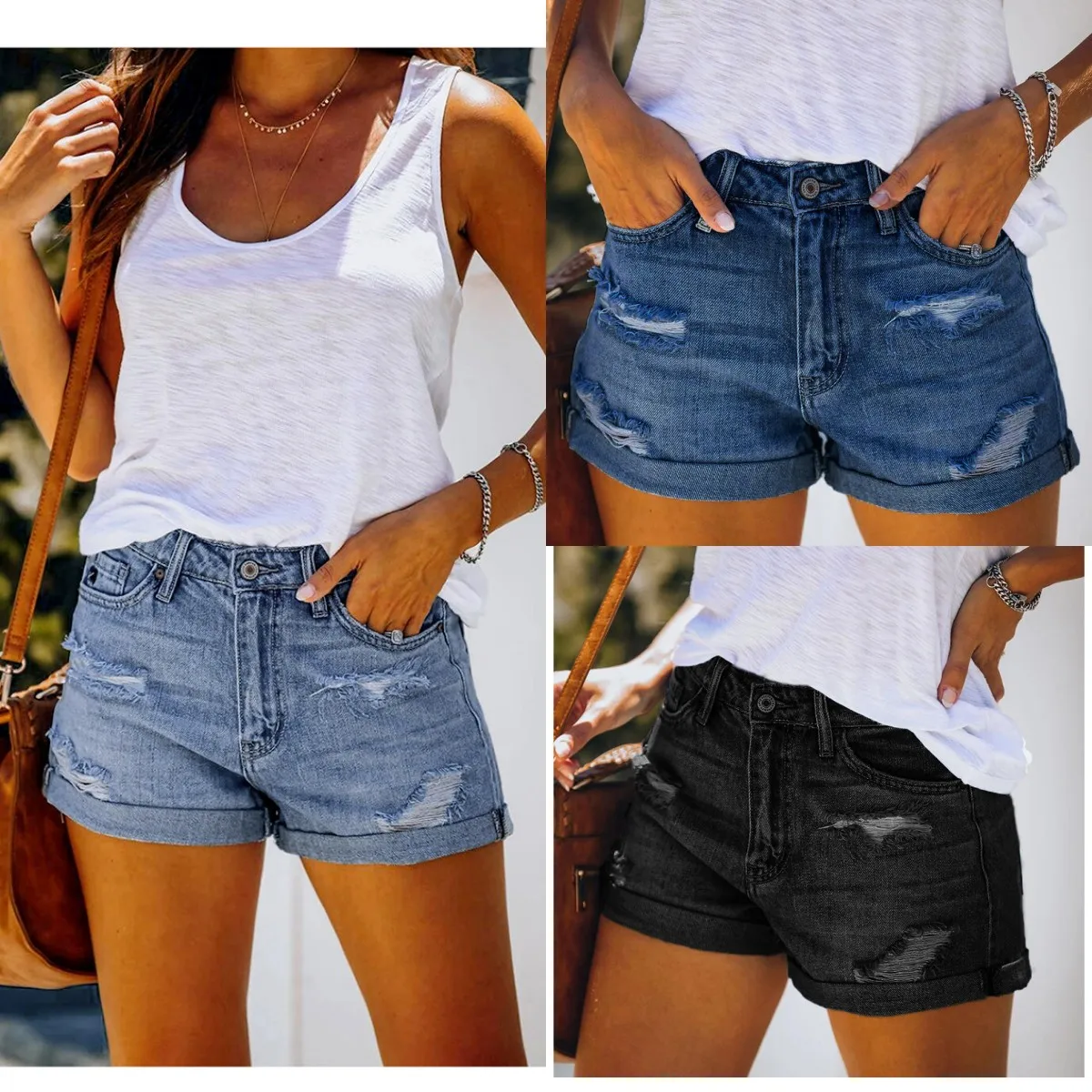 

2023 Summer New Women's High Waist Ripped Denim Shorts Fashion High Stretch Rolled Hem Skinny Jeans Shorts S-2XL Black/Blue