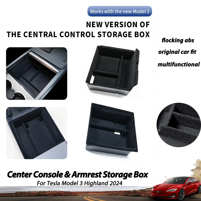 

For Model 3 Highland 2024 Center Console & Armrest Storage Box Flocking ABS Tray Central Organizer 2024 Tesla Model3 Accessories