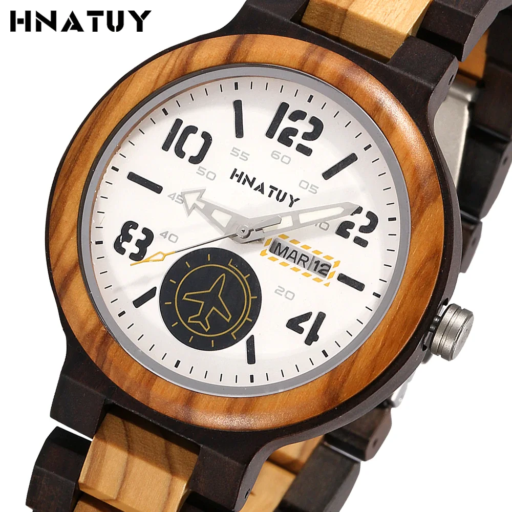 HNATUY Wooden Watch Men's Watches Band Simple Stylish Clock Digital Watches Date Display Quartz Wristwatch Anniversary Gift Box