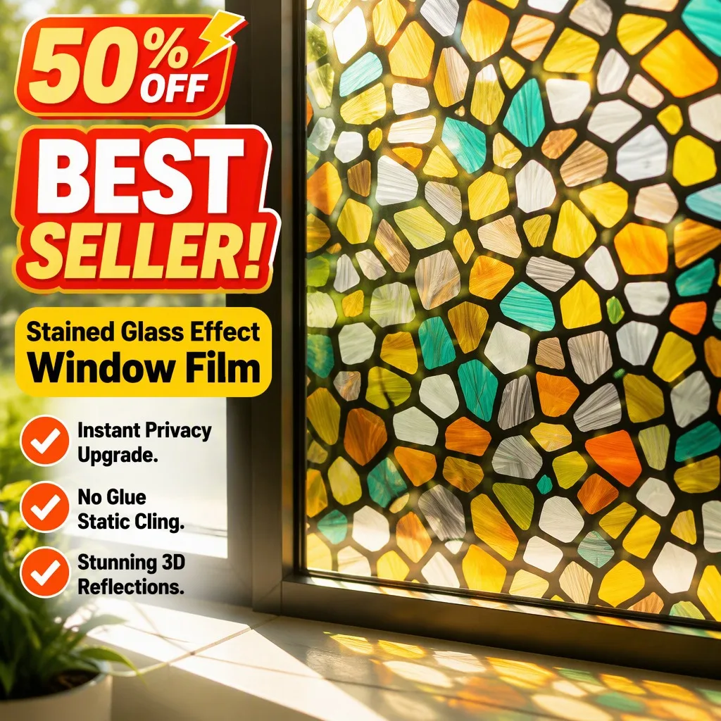 Colorful Pebble Mosaic Pattern Privacy Window Film Roll Stained Glass Static Cling No Glue 3D for Bathroom Home Decor