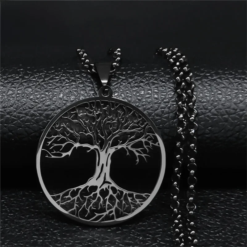 2026 Lebensbaum Edelstahl Lange Halskette für Männer Schwarze Farbe Halsketten & Anhänger Schmuck Cadenas Para Hombre N834S03