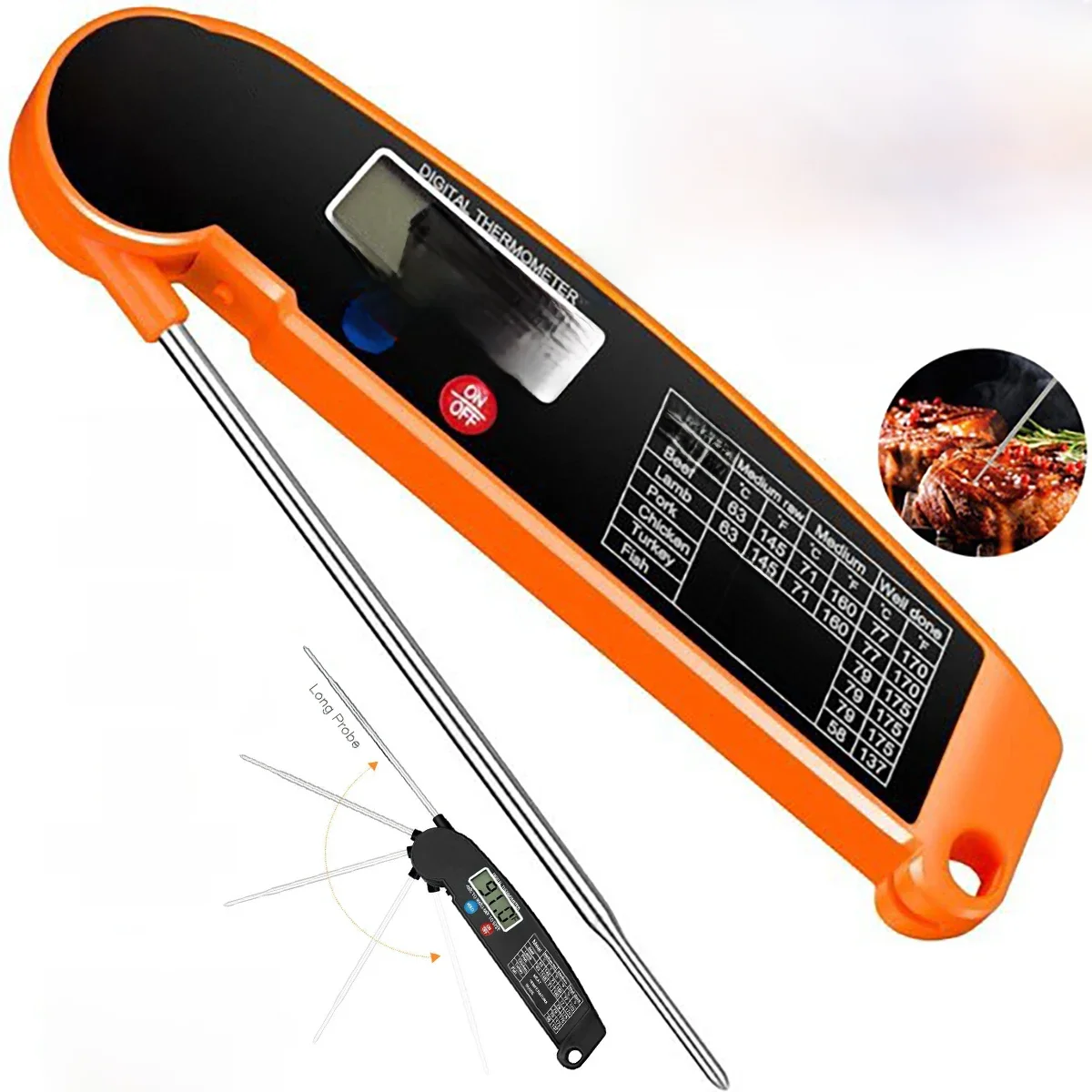 Thermomètre digital pliable pour la viande, l'eau, le lait, la cuisson des aliments, la friture, le barbecue, la jauge de température, le thermomètre de four, l'outil de cuisine.