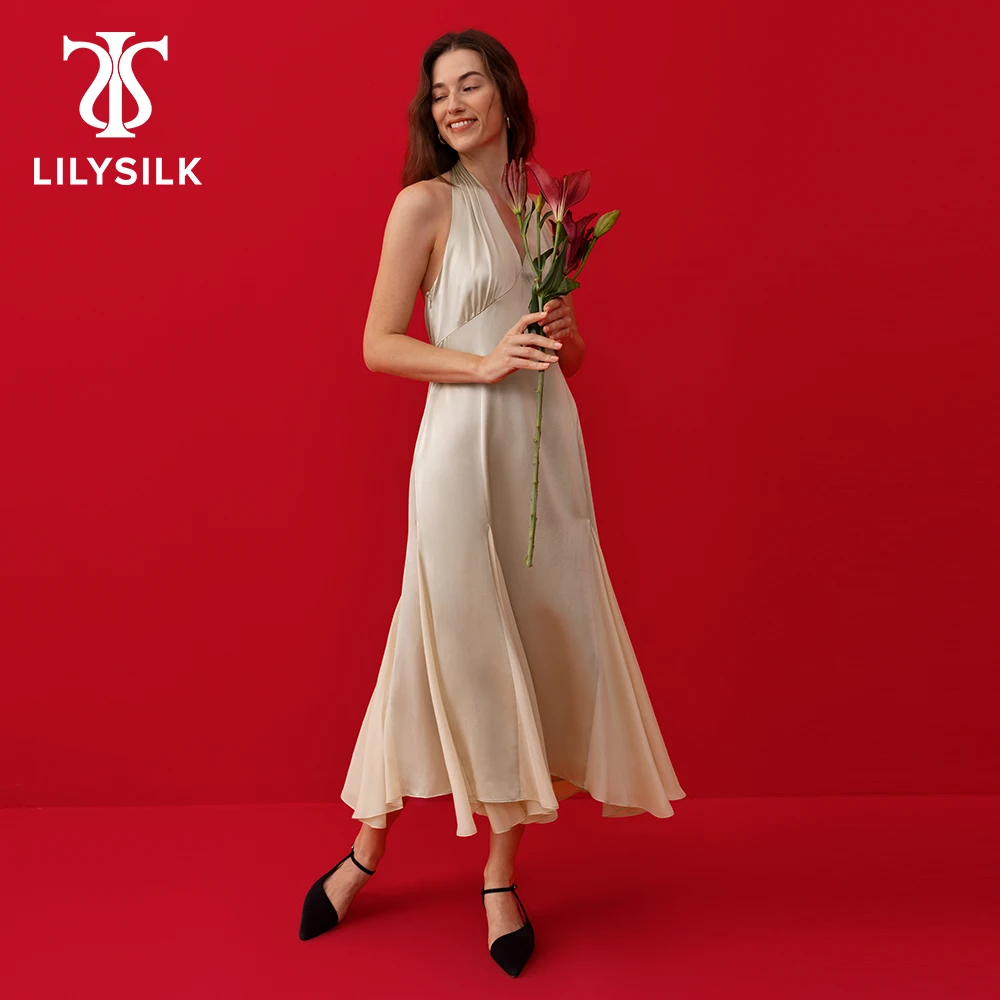 LILYSILK New Silk Party Dress For Women 2022 Female 22 Momme Halter Deep V Neck Backless Evening Maxi Robe Free Shipping