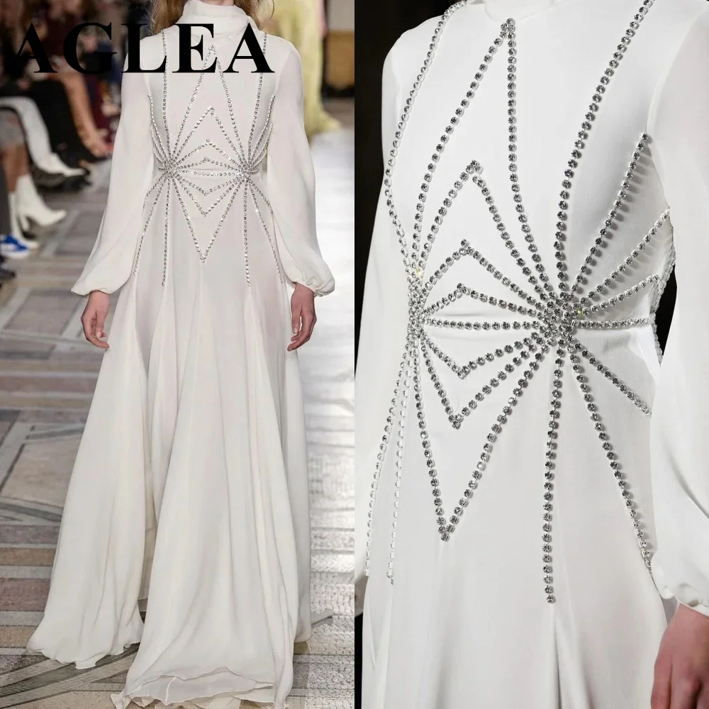 AGLEA-vestido de graduación blanco de Arabia Saudita, traje sencillo de cuello alto hasta el suelo, de gasa con diamantes de imitación, personalizado, 2024