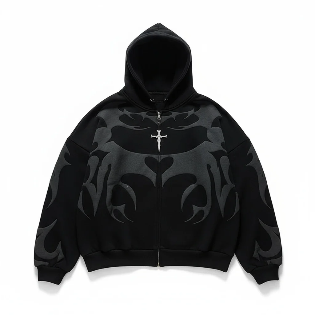 เสื้อฮู้ดสตรีทสไตล์ใหม่ที่ไม่ซ้ำใคร พร้อมเสื้อคลุมคาร์ดิแกนสไตล์ดาร์กและหมวกที่มีลายพิมพ์โฟมรูปแบบซิป