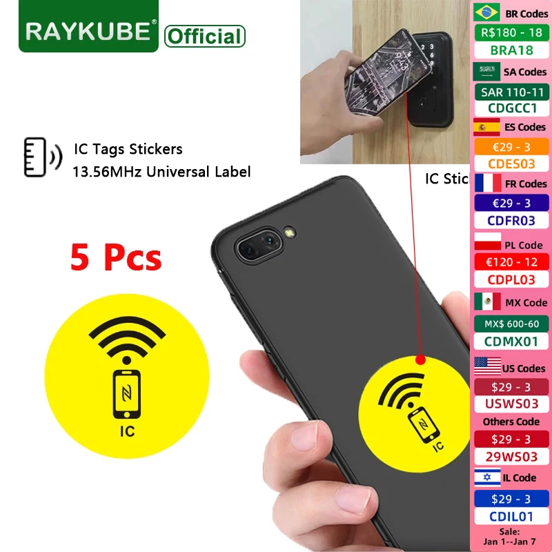 RAYKUBE 5 Pcs IC TAG Sticker 13.56MHz Universal Label Anti-Metal Tag NFC Mobile Phone Access Control Card Sticker