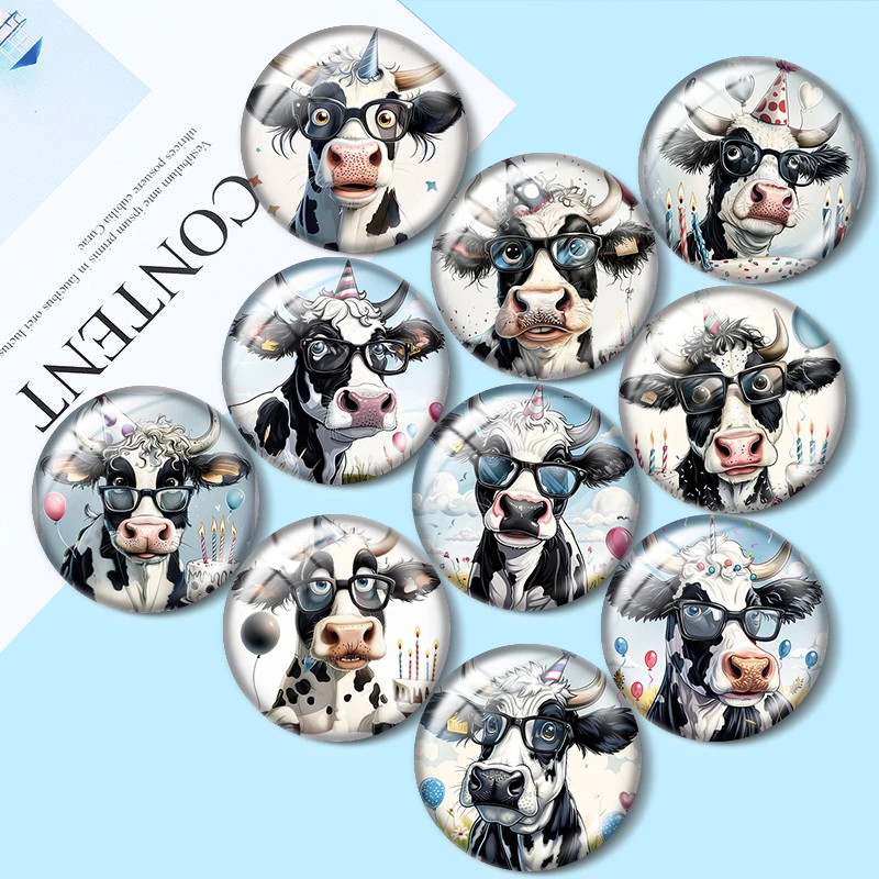 

Birthday Cow with Glasses 10pcs 12mm/16mm/18mm Round Photo Glass Cabochon Demo Flat Back Making findings
