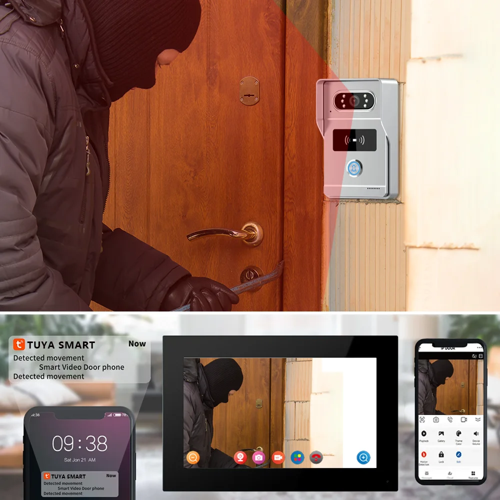 واي فاي جرس باب يتضمن شاشة عرض فيديو 1080P HD باب الهاتف كاميرا الباب 7 بوصة تعمل باللمس فيديو إنترفون بطاقة التعريف بالإشارات الراديوية فتح IP فيلا شقة #5