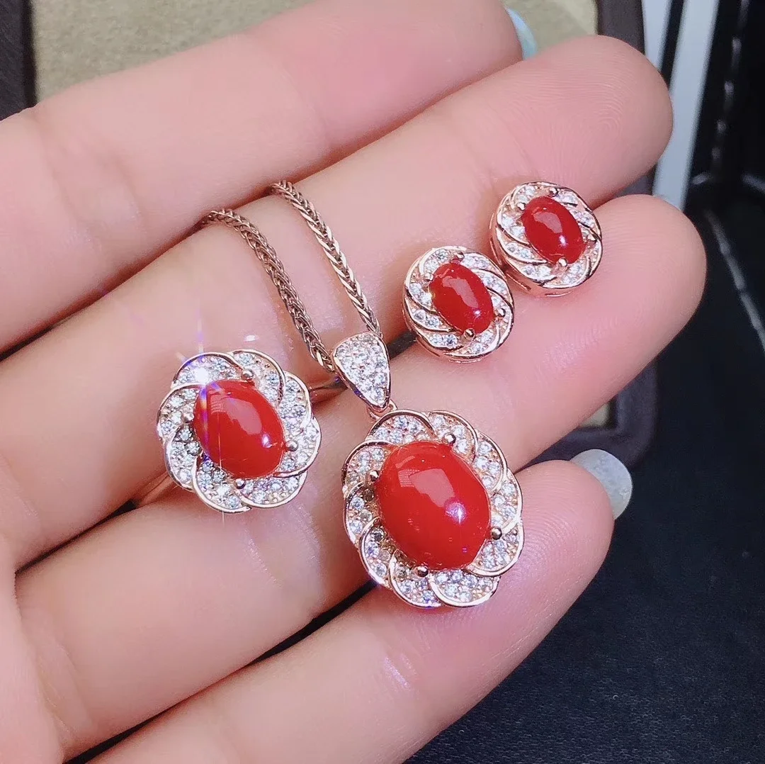 

Jewelry Girls' Natural Red Coral Pendant Necklace Ring Earnail Set 925 Pure Silver Plated Rose Gold Gift for Girlfriend Christma