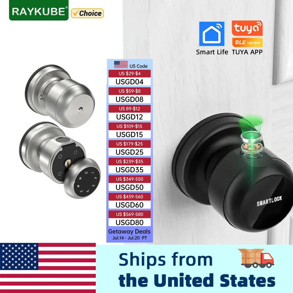 

RAYKUBE K02 Round Knob Fingerprint Smart Lock Tuya Bluetooth Biometric With Key/Password/Tuya APP Unlock Delivery From USA