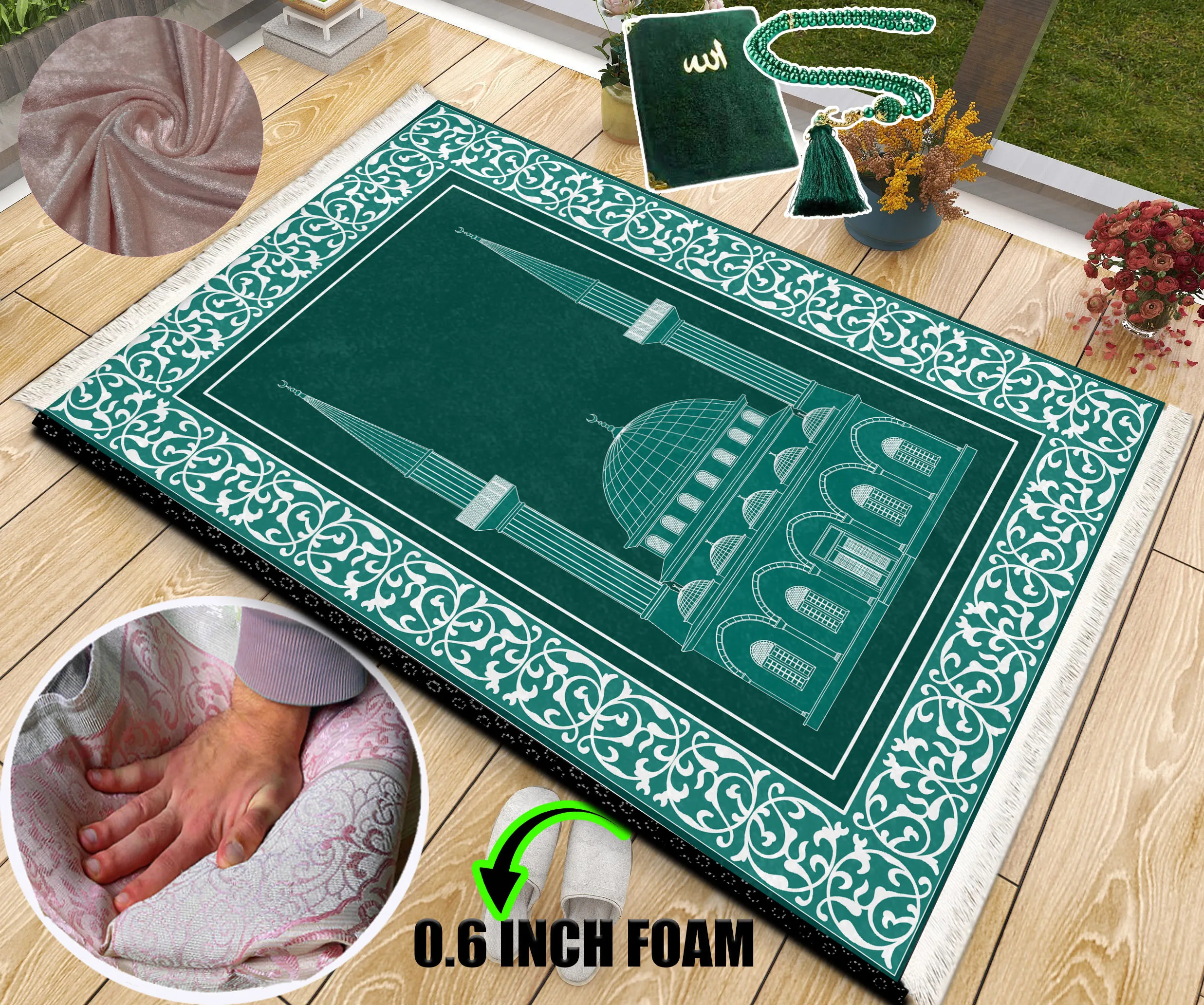 

Extra Thick Foam Padded Green Mosque Turkish Prayer Rug With Luxury Yaseen, Soft Praying Mat Carpet & Pearl Tasbeeh, İslamic