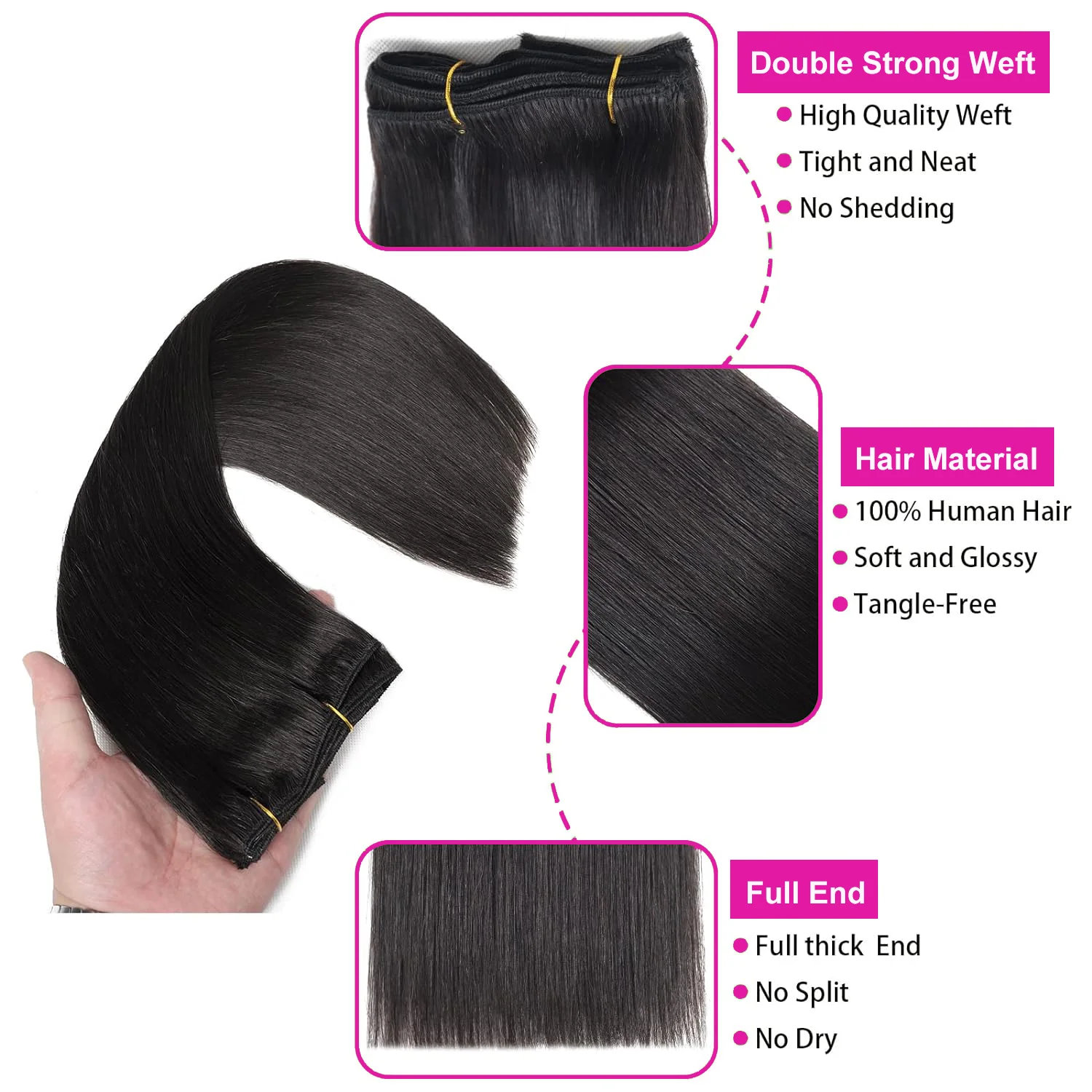 Clip in Hair Extensions Straight Per Set with 18 Clips 8pcs 120G Double Weft Virgin 100% Human Remy Hair Natural Black Color