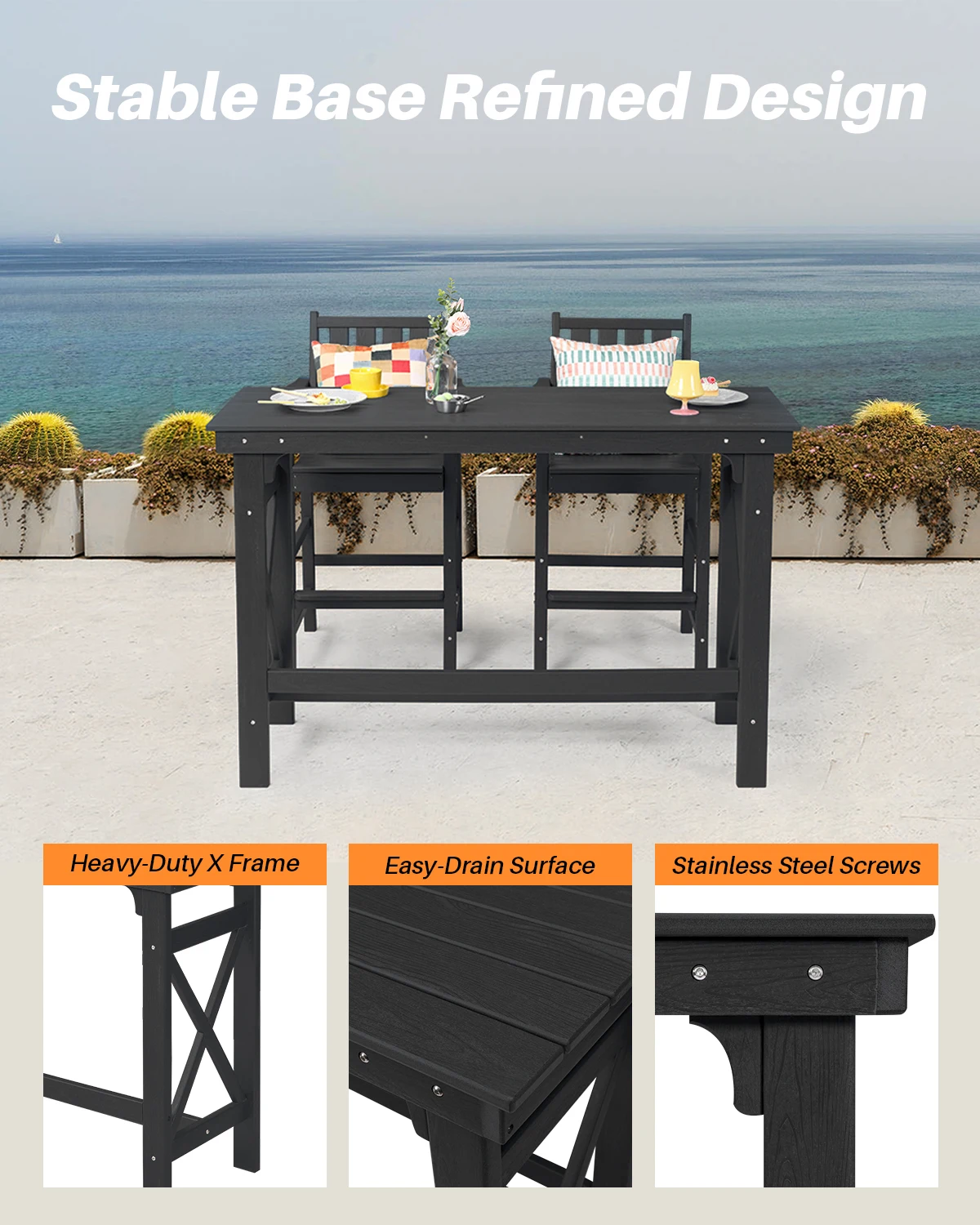 SeeHill Obsidian 5-Piece Patio Bar Set, Rectangular Table & 4 Adirondack Chairs, HDPE Outdoor Bar Set for Pool, Porch