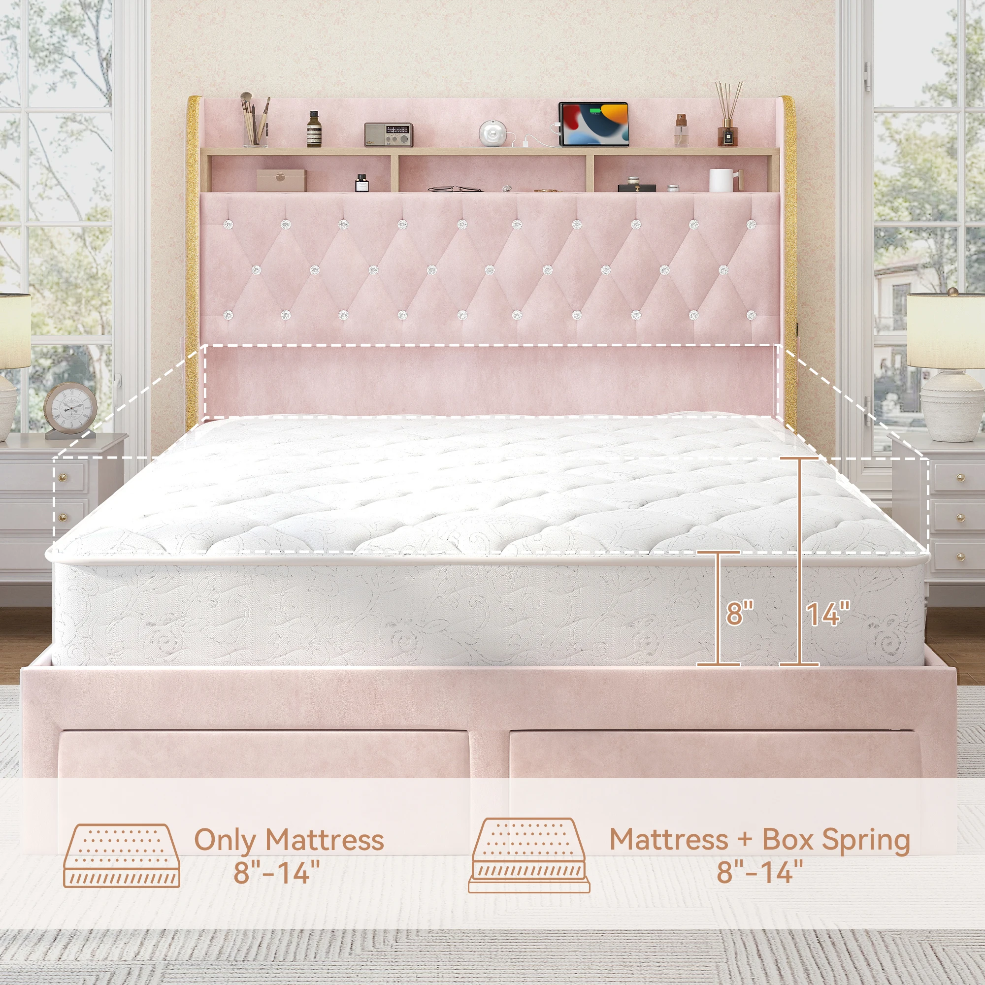LED Bed Frame with Storage Drawers, Star Projector, Charging Station & Speaker, PU Leather/Velvet Platform, Noise-Free 5