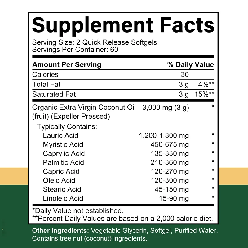 

Extra Virgin Coconut Oil, 3000mg, 30/60/120 Softgels, Expeller Pressed Supplement Support for Hair, Nails & Skin Health, Non-GMO