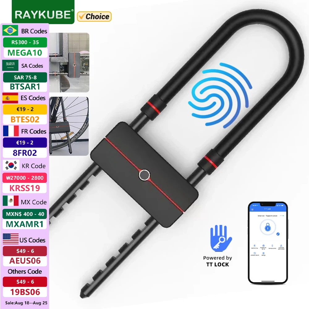 RAYKUBE Waterproof TT Lock APP Control U-Shape Electronic Bicycle Lock Smart fingerprint U-Lock with TT Lock APP Passcode Unlock