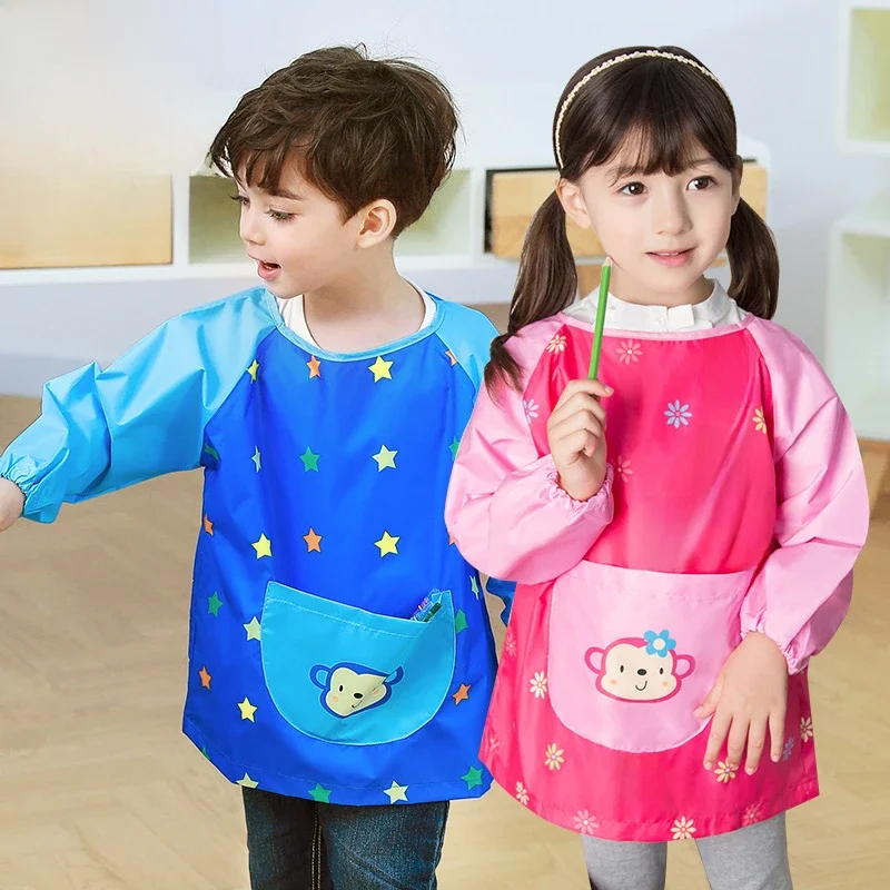 Tablier smocké imperméable à manches longues pour enfants, vêtements pour enfants, singe de dessin animé, pour filles et garçons, peinture, bavoirs alimentaires pour bébés, nouvelle collection 2022