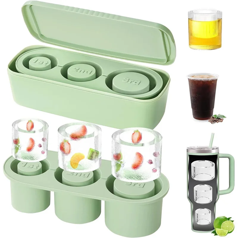 

3-Grid Ice Cube Tray For Stanley 40 Oz Tumbler Cups Reusable Cylinder Silicone Ice Cube Molds With Lid For Drink Juice Coffee