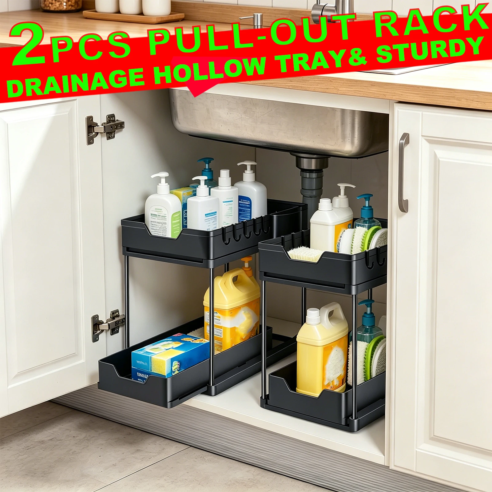 2 pezzi, organizer a due livelli da posizionare sotto il lavello, con cassetto estraibile, scaffale per riporre oggetti in cucina e in bagno, dotato di ganci e portabicchieri, scaffale multiuso per