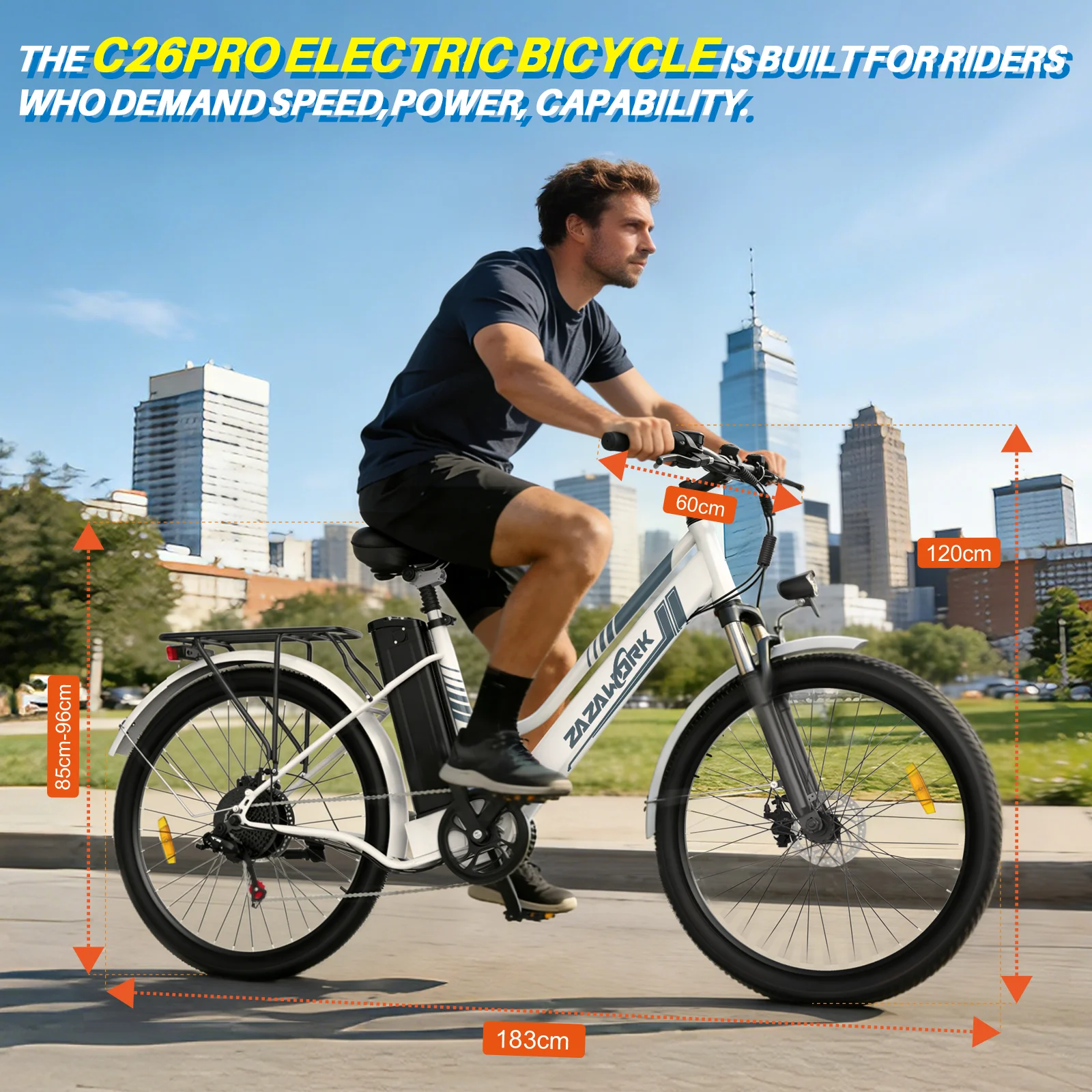 ZAZAWORK C26Pro Bicicletta Elettrica 26 Pollici Batteria 36V 20Ah Motore 250W Pneumatici 26x2.35 7 Velocità Autonomia Fino a 120km Controllo di Crociera E-bike da Pendolarismo CE