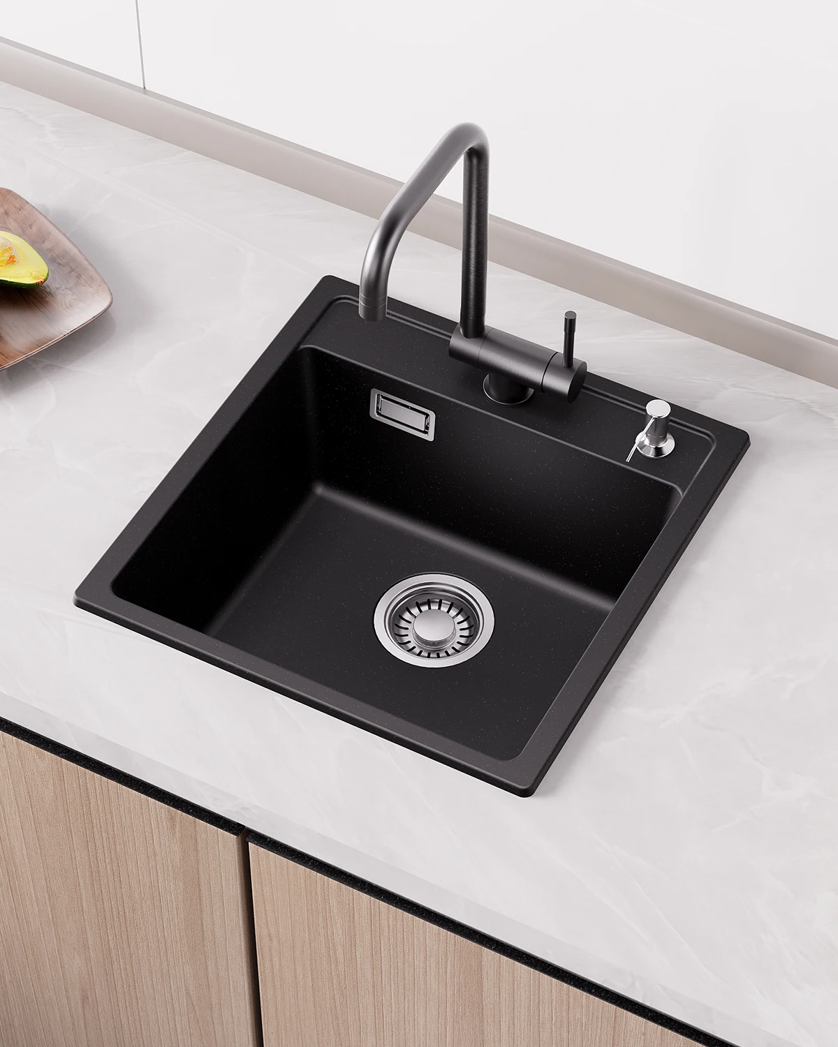 45 x 46 cm Évier de Cuisine Noir Quartz Composite Pierre Artificielle Simple Bac Gain de Place Résistant à la Chaleur Évier à Encastrer pour Petite Cuisine et RV Siphon Système Drainage