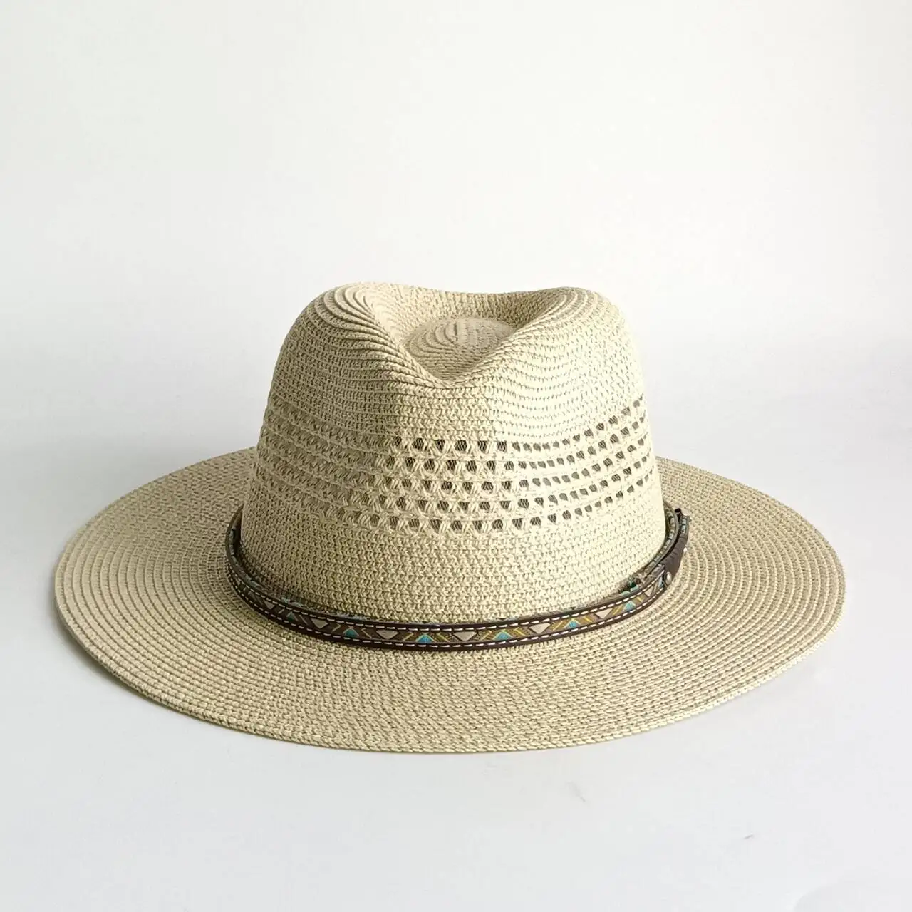 

Breathable Hollow Straw Fedora Hat UPF50+ UV Protection Summer Wide Brim Panama Hat with Ethnic Style Belt for Men Women