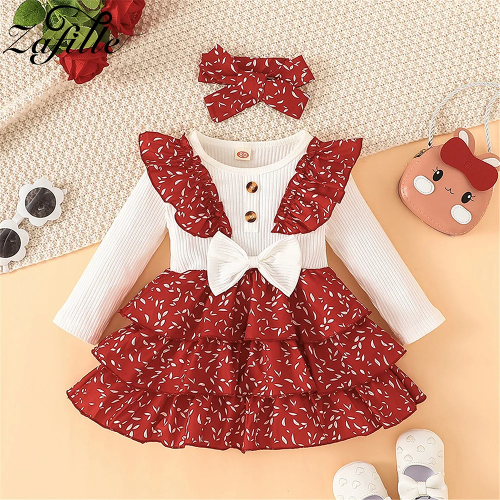 ZAFILLE Patchwork Flying Sleeve Girls Dress Sweet Newborn Infant Clothing Pleated Dress For Kids Girls Long Sleeve Baby Clothes