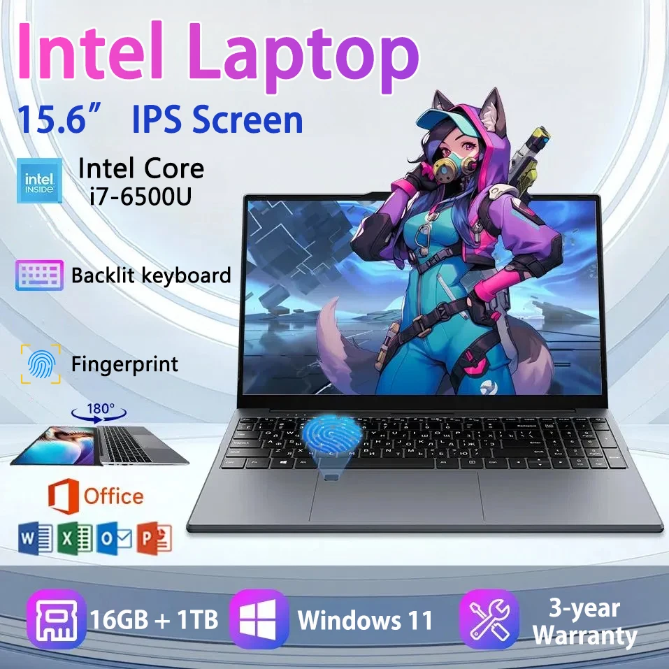 15.6 Laptop Ultra sottile Windows 11 Pro Laptop 16GB RAM 1TB 2TB SSD Intel Core I7-6500U Mobile Office WiFi Bluetooth Gaming Laptop