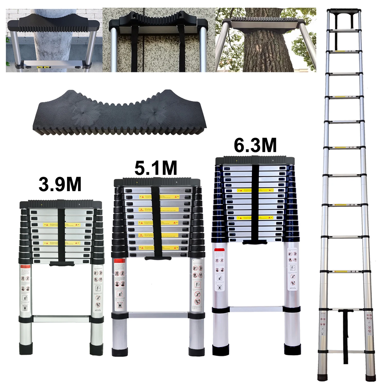 Escalera Telescópica Extensible de Aluminio 3.9m/5.1m/6.3m, Escalera Plegable Portátil con Certificación EN131, Carga Máxima 150kg
