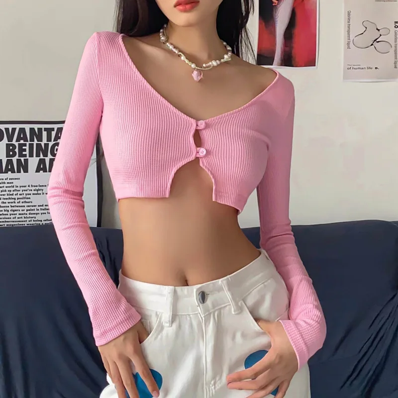 INSMIRCOGIRL Summer New Women Sweet Pink V-neck Knit Cardigan Ultra Short Slim Long Sleeved T Shirt Top Y2K Solid